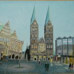 Marktplatz, Bremen, Bremer, Architektur, Abenddämmerung, Dämmerung, Dom, Rathaus, Haus der Bürgerschaft, Roland, Laternen, Zwielicht, Öl, Gemälde, Ölgemälde, Leinwand