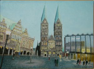 Marktplatz, Bremen, Bremer, Architektur, Abenddämmerung, Dämmerung, Dom, Rathaus, Haus der Bürgerschaft, Roland, Laternen, Zwielicht, Öl, Gemälde, Ölgemälde, Leinwand