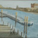 Weser, Fluß, Bremen, Stadt, Wasserwerk, umgekippte Kommode, Schiff, Binnenschiff, Paar, Abendlicht, Abendsonne, Acryl, Gemälde, Acrylgemälde, Leinwand