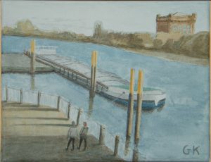 Weser, Fluß, Bremen, Stadt, Wasserwerk, umgekippte Kommode, Schiff, Binnenschiff, Paar, Abendlicht, Abendsonne, Acryl, Gemälde, Acrylgemälde, Leinwand