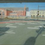 zugebaut, Bremen, Bremer, Hauptbahnhof, Stadt, Großstadt, Hochstraße, Nachmittagssonne, lange Schatten, Auto, Radfahrer, Asphalt, Fahrbahnmarkierung, Kreuzung, Öl, Ölgemälde, Gemälde, Leinwand