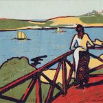 Landschaft, Emile Bernard, Saint Briac, Nachmittag, Geländer, weibliche Figur, See, Segelschiff,