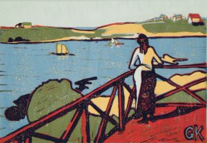 Landschaft, Emile Bernard, Saint Briac, Nachmittag, Geländer, weibliche Figur, See, Segelschiff,