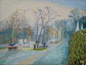 Ludwig-Roselius-Allee, Bremen, Bremer, Stadt, Großstadt, Bäume, Baum, Autos, Morgenlicht, Dämmerung, Morgendämmerung, Sonnenaufgang, Straßenbeleuchtung, Straße, Beleuchtung, Lichter, Laterne, Laternen, Straßenlaternen, Ampel, Öl, Gemälde, Ölgemälde, Leinwand